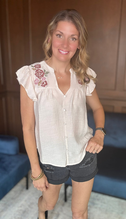 AINSLEE FLORAL EMBROIDERY RUFFLE SLEEVE TOP