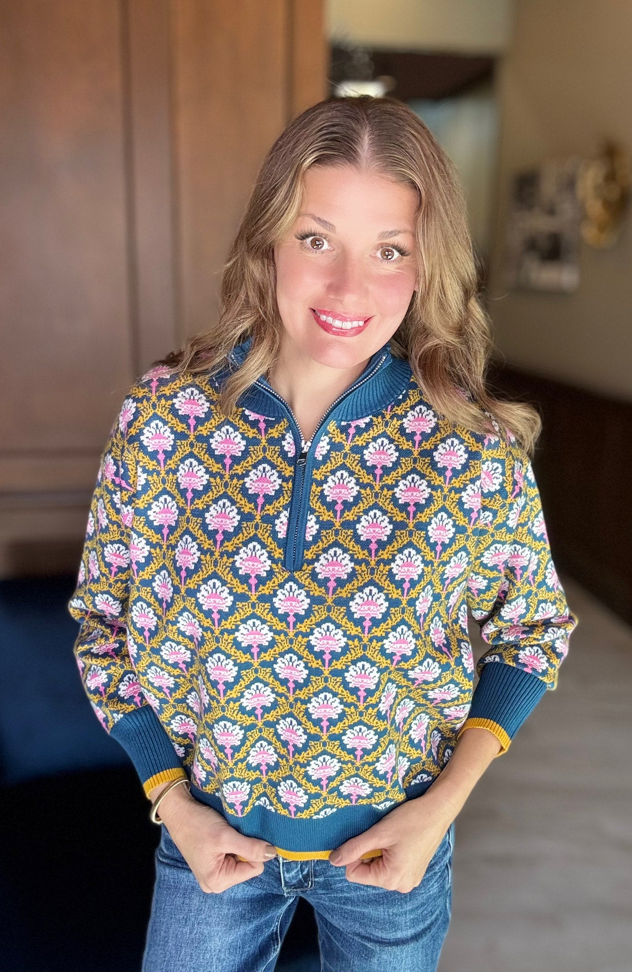 Hazelle Floral Knit Mock Neck Half Zip Pullover Sweater | Vintage Inspired