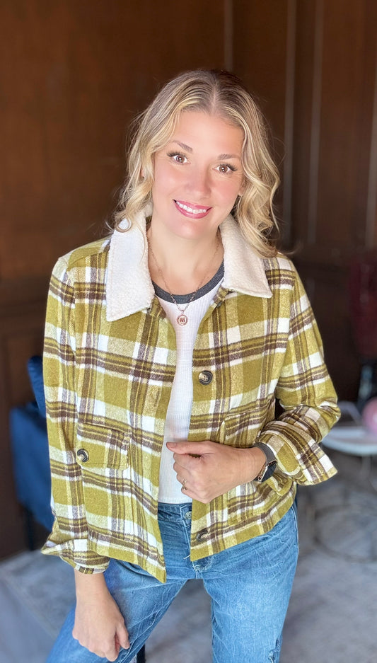 Amy Plaid Shacket with Faux Fur Collar – Olive & Brown Fall Layering Piece