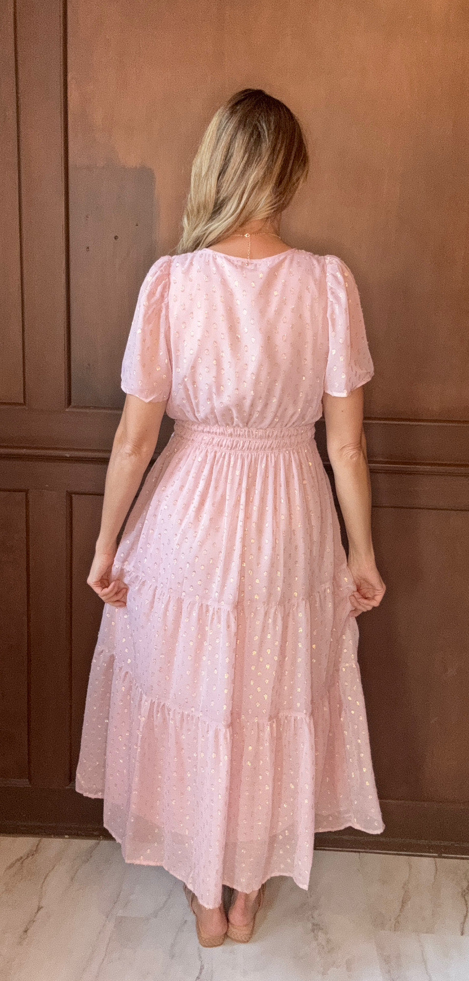 Sophia Blush Metallic Dot Tiered Midi Dress – Feminine Occasion Wear