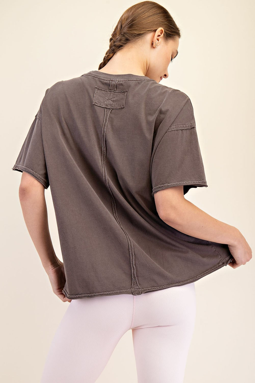 Model wearing Ryker Washed Cotton Tee in Mocha – oversized boxy short sleeve t-shirt


