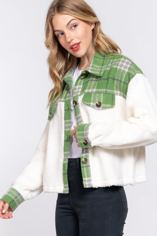 April Faux Fur Plaid Mixed Shacket – Cozy Fall Layering Jacket