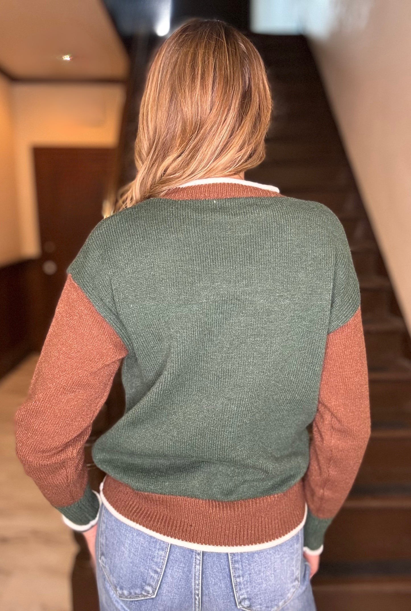  Larissa football colorblock sweater with contrast sleeves and front football detail

