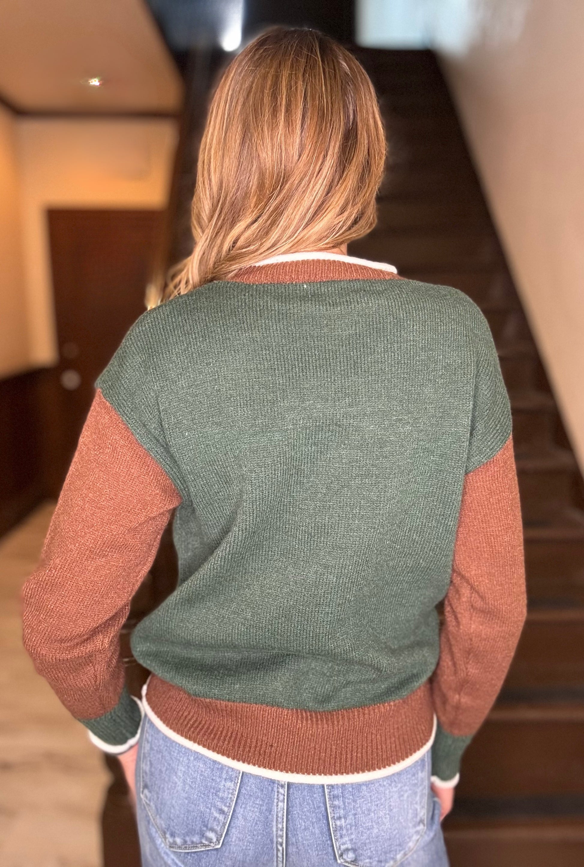  Larissa football colorblock sweater with contrast sleeves and front football detail

