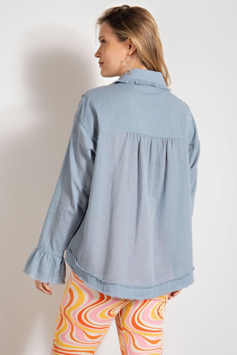 Calla Ruffle Detail Button Down Top – Denim Blue
