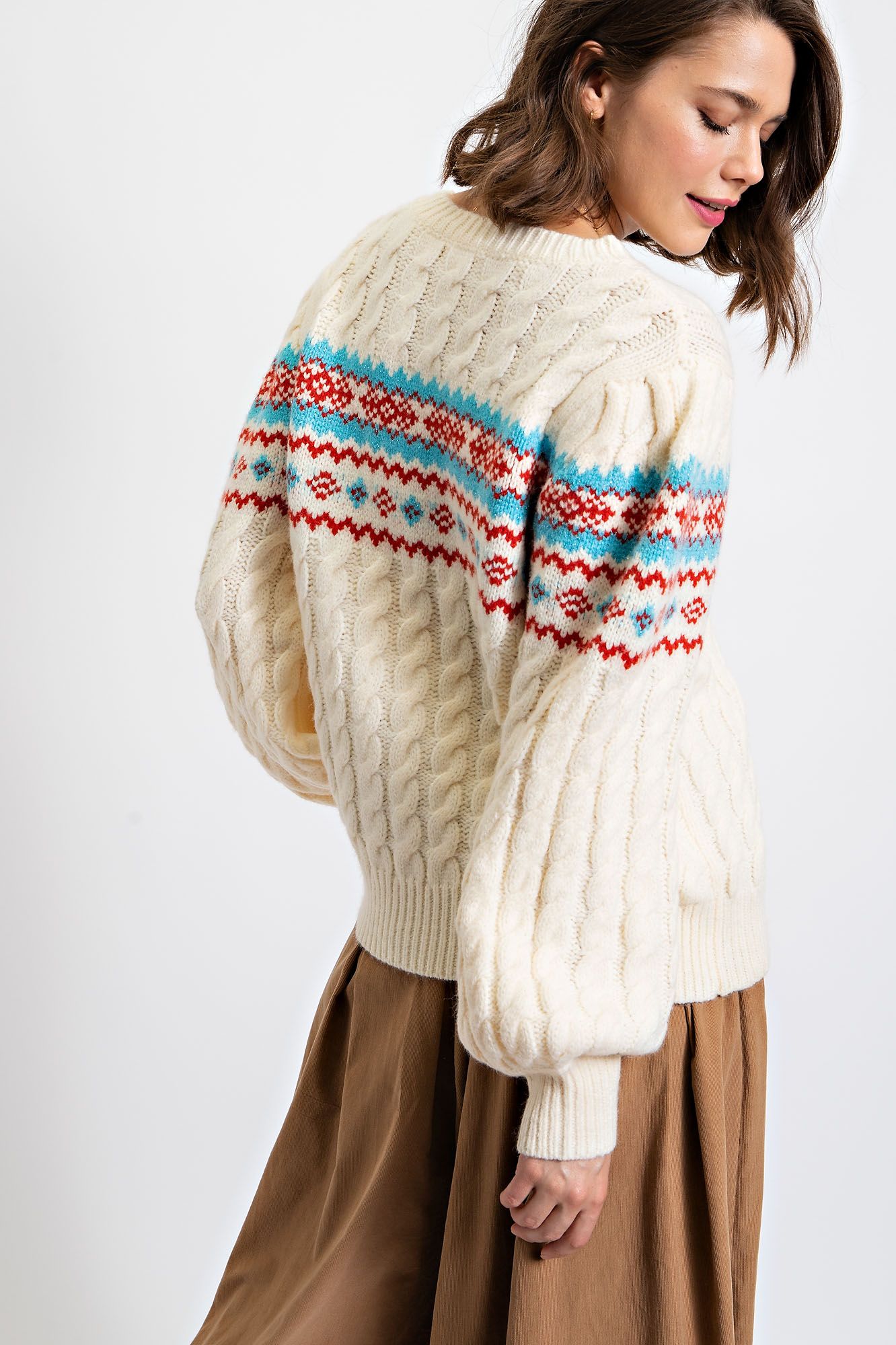 Retro Inspired Cable Knit Sweater – Winter White/Cream