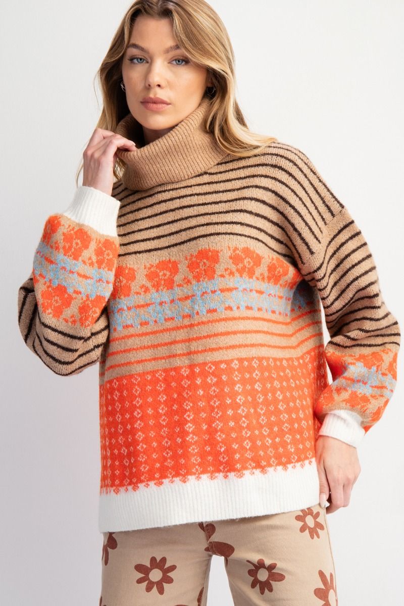 Liora Patterned Knit Sweater – Orange & Brown