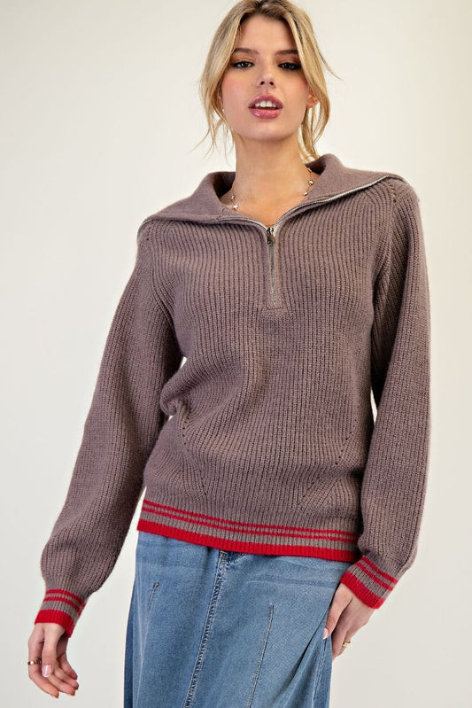 Astraea Zipper Front Knit Sweater – Mocha with Red Accents