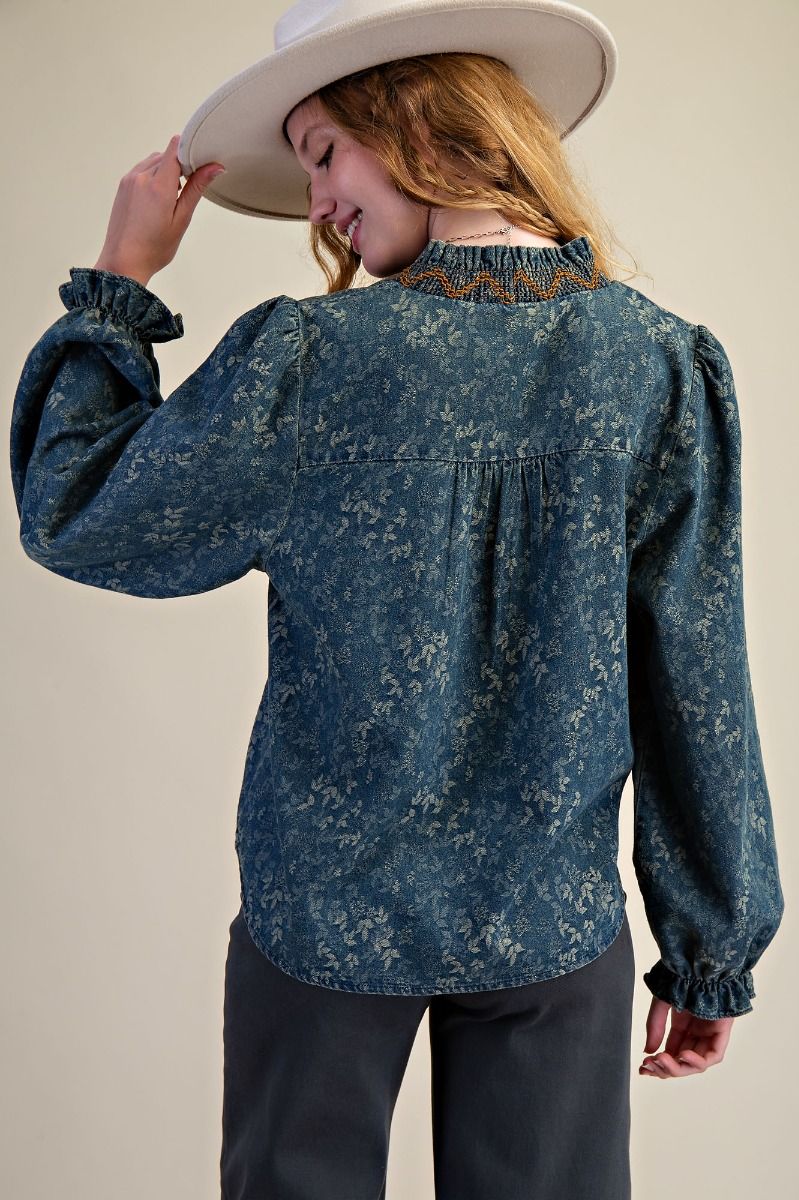 Fable Jacquard Denim Blouse with Floral Print