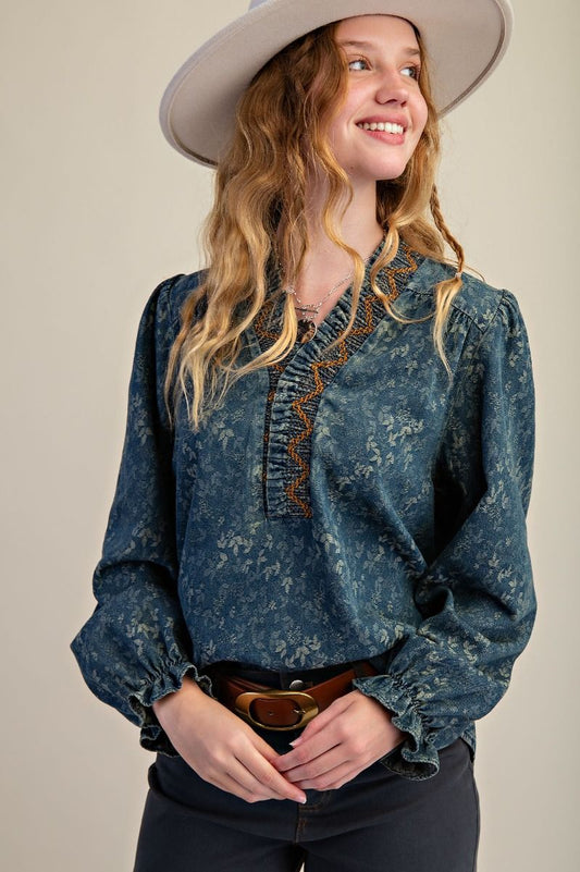 Fable Jacquard Denim Blouse with Floral Print