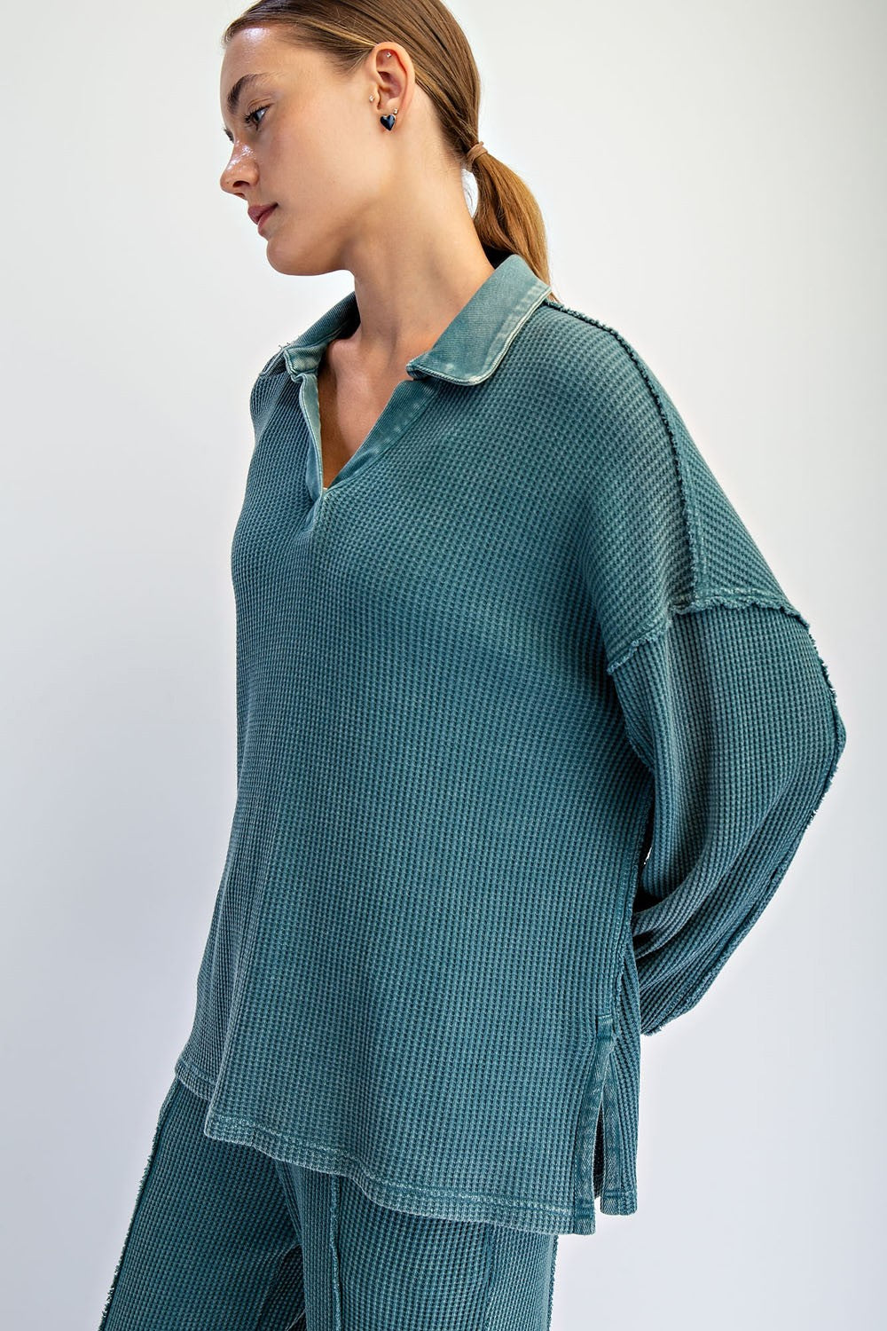 Reece Mineral Washed Waffle Collar Tunic – Oversized Long Sleeve Polo Top