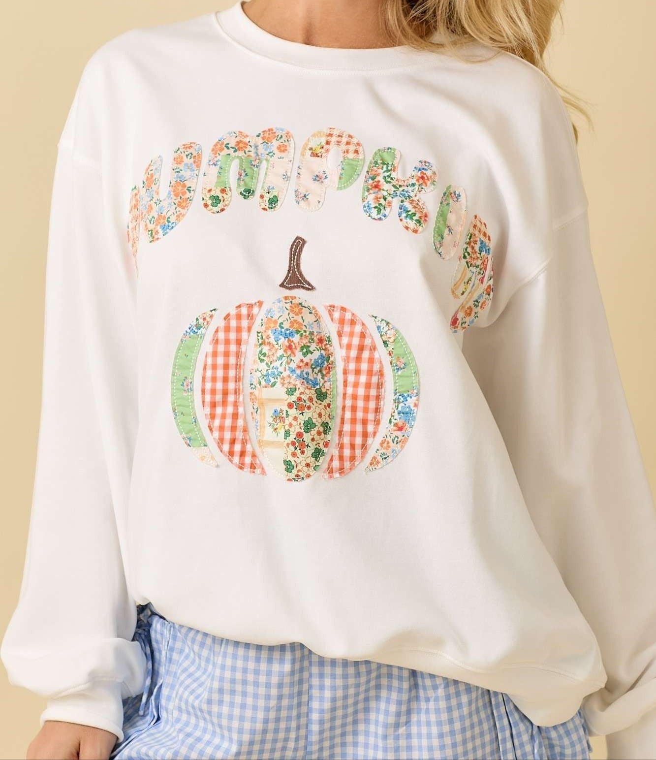 Marleigh Pumpkin Patchwork Long Sleeve Crewneck – Fall Graphic Sweatshirt