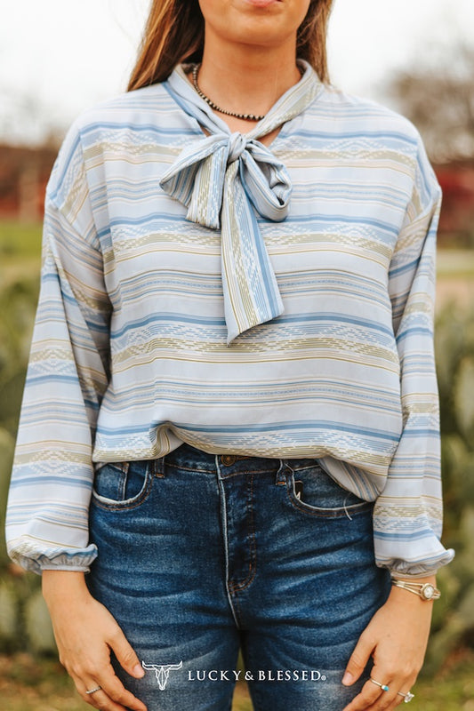 Leslie Blue Aztec Serape Print Long Sleeve Blouse with Tie Neck | Western Boho Cowgirl Top